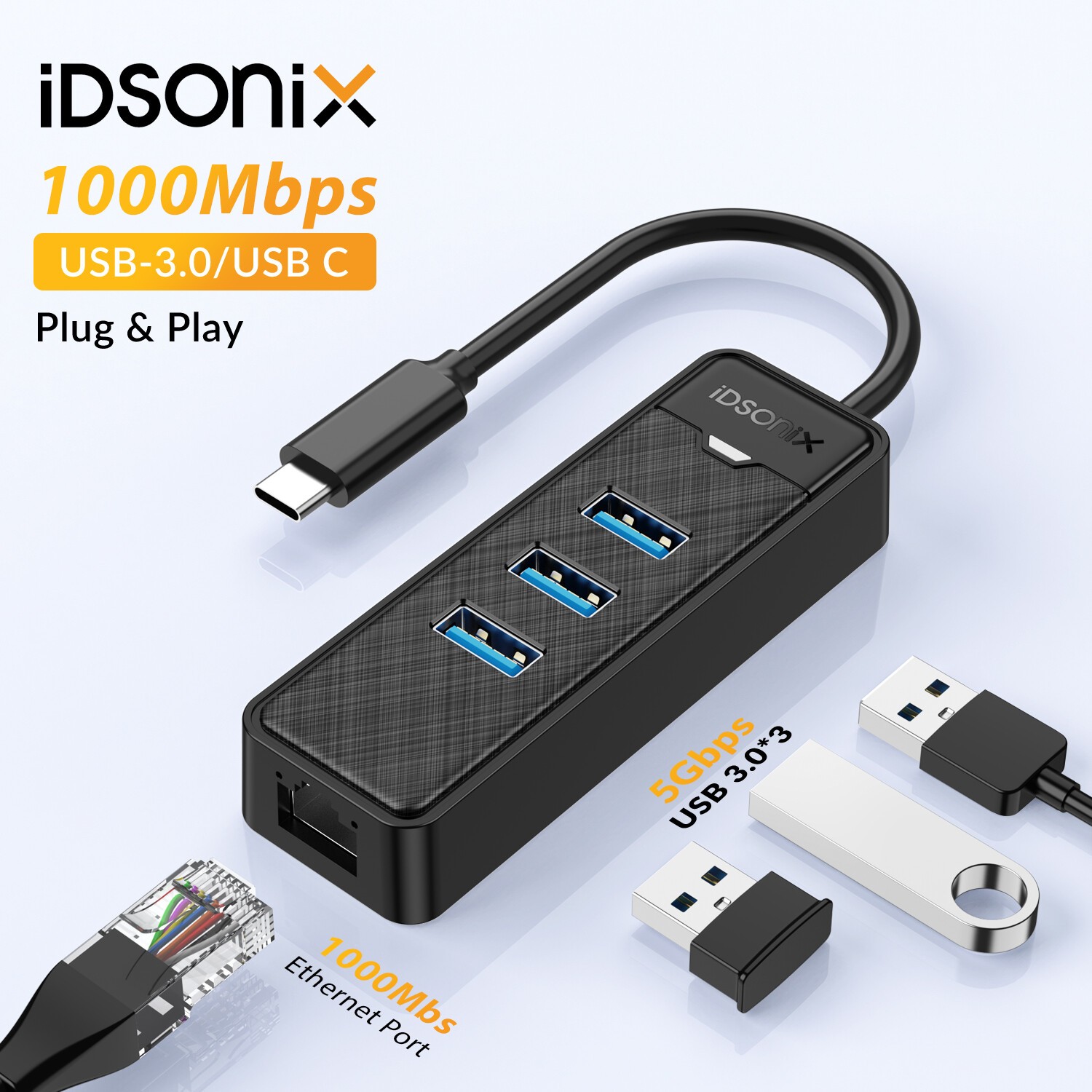 IDsonix USB C to Ethernet Adapter, Gigabit Wired Network Adapter RJ45 USB3.0 Hub