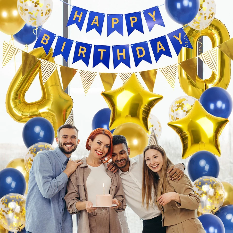 Decoraciones 40 Cumpleaños para Hombre, Globos Dorado Azul Marino y Feliz Cumpleaños Ba Foto 4 de 4