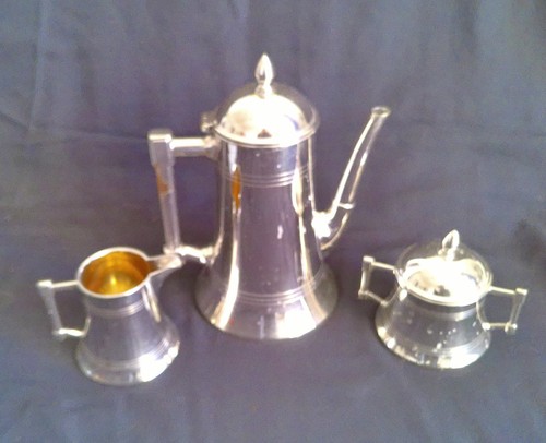 Jugendstil Kaffeekern, Kaffekanne+Zuckerdose+Sahnekännchen aus Metall - Bild 5 von 8
