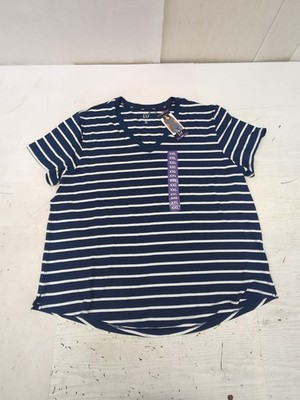 Gap Women's Soft Jersey Relaxed Short Sleeve V-Neck Top Navy Striped Sz 2XL BR1
