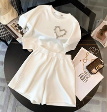 Girls M White 2-Piece Shorts Set Sweatshirt Elastic Waist Shorts Beaded Heart