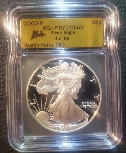 2000-P Gold Label ICG - PR70 DCAM Silver Eagle 1-99 Austin Hutto Signed