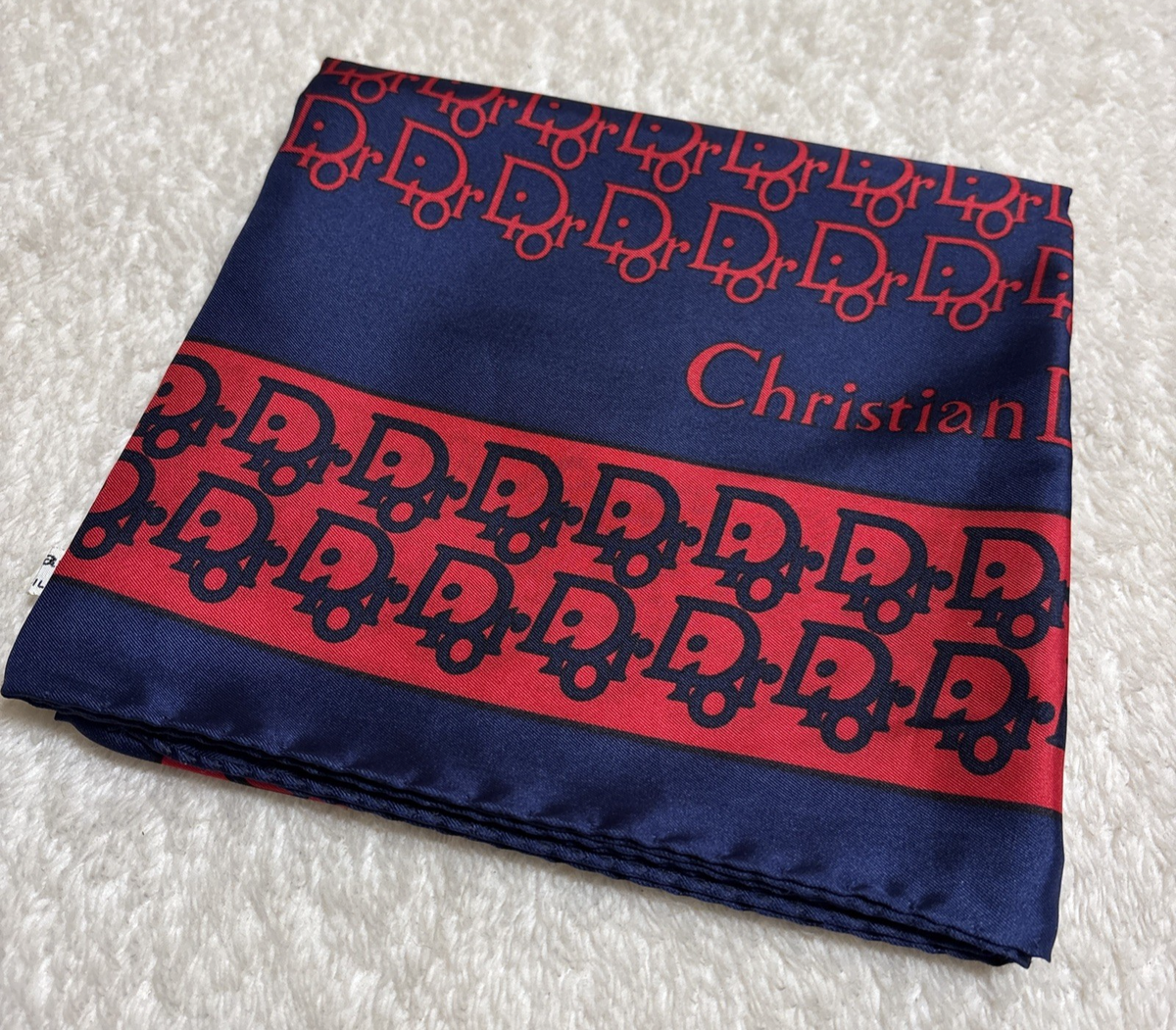 Christian Dior Silk Scarf 26in Navy Red Trotter Monogram Logo