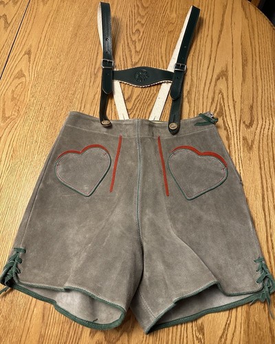 RARE FIND Authentic Bergfreund Lederhosen Gray Hearts Suede Leather size 11
