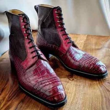 New Crocodile Pattern Burgundy Leather Formal Ankle Lace Up Dress Boots For Mens
