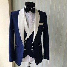 Navy Man Suits White Lapel Wedding Suit Slim Fit 3 Piece Tuxedo Groomsman
