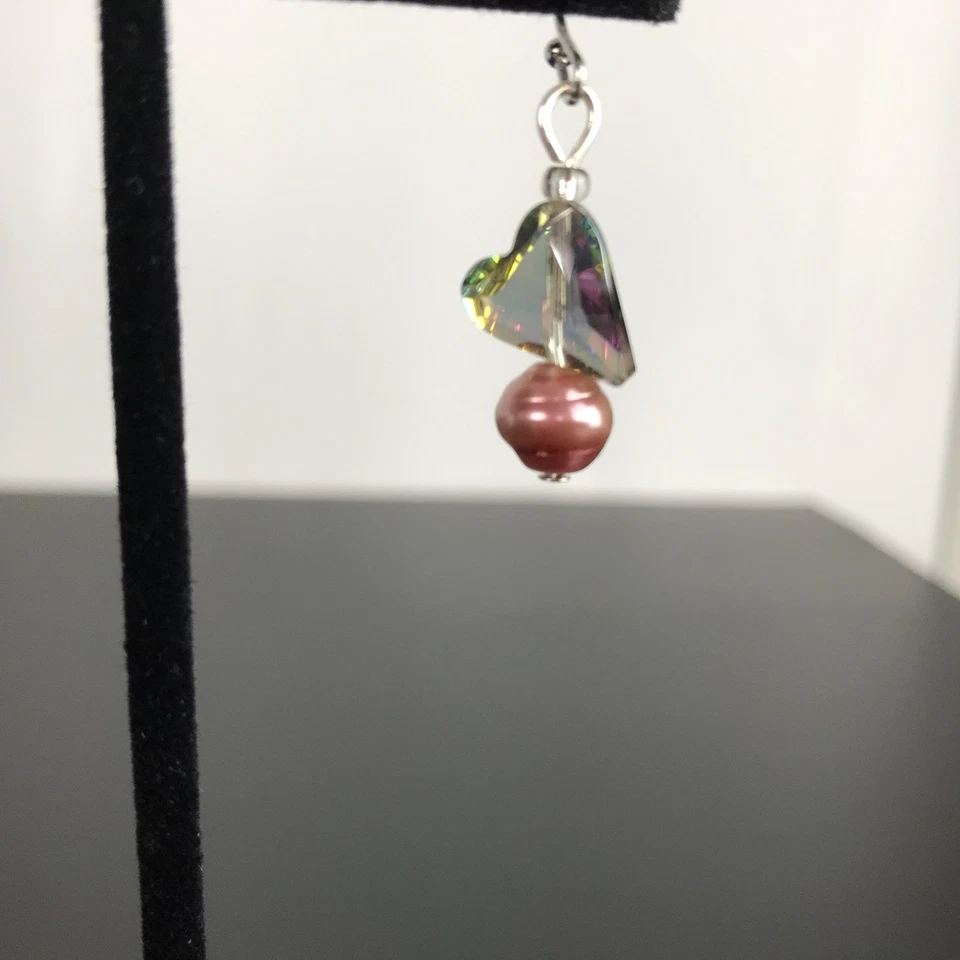 Heart Shape Bead Stone Dangle With Cultured Pink Pearl Earrings  Surgical Steel - Image 4 of 4