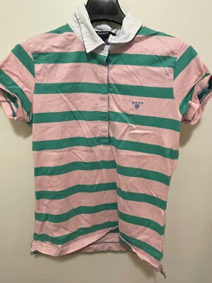 Gant Men's Pink Green Short Sleeve Striped Polo Shirt Size: S