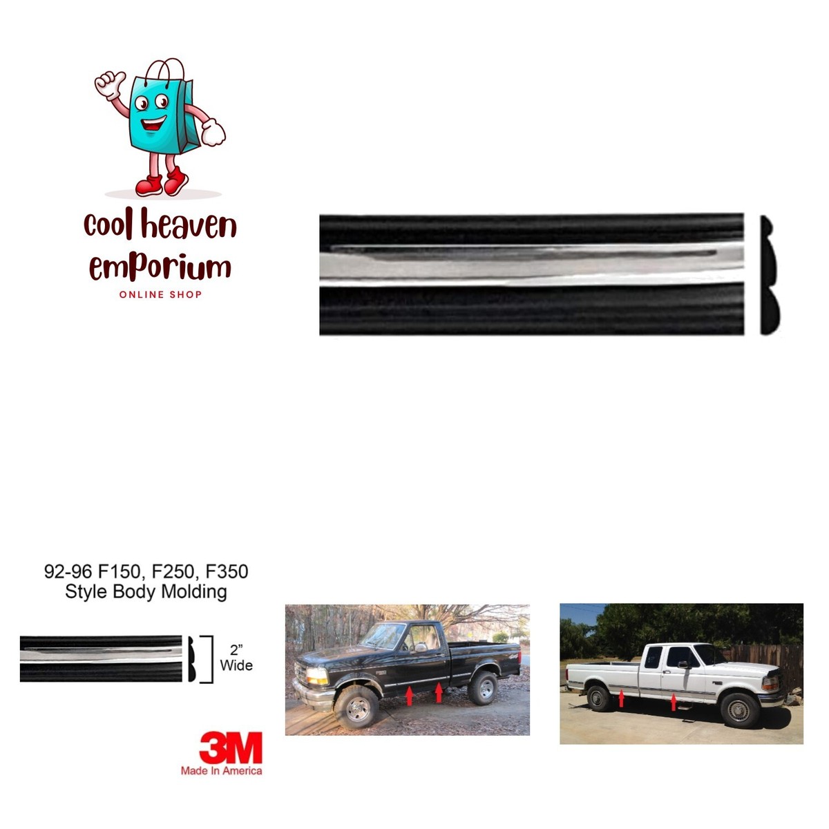 1992-1996 Ford F150 F250 F350 Side Body Trim Molding | Black