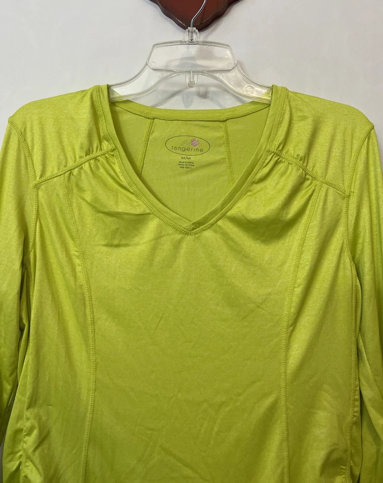 ¡Camisa atlética de manga larga con cuello en V verde neón mediana para mujer Tangerine! A6647 Foto 2 de 4