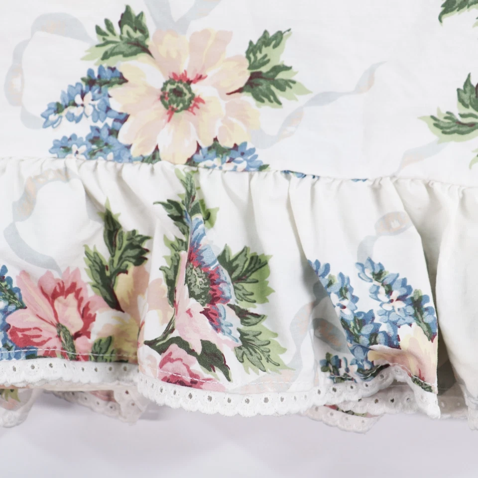 Martha Stewart Ruffled Twin Flat Sheet Pink Roses Ribbons on White Bed Floral - Image 3 of 4