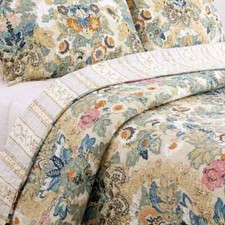 NEW  COZY COTTAGE CHIC BLUE TEAL AQUA GREEN PINK BROWN LEAF TROPICAL QUILT SET