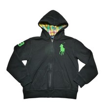 Polo Ralph Lauren Zip Hoodie Boys Medium 10-12 Black Green Pony Logo Plaid 3