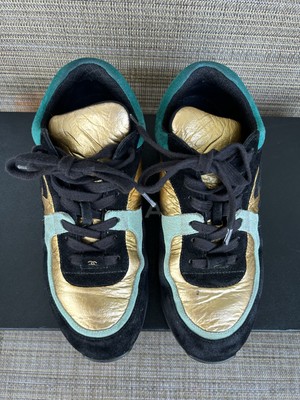 Chanel CC Authentic 19A Sneakers Size 38 Black Turquoise Gold
