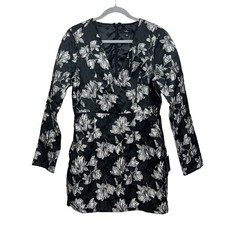 Lulus Dress Women's Black Silver Floral Jacquard V-Neck Long Sleeve Mini L