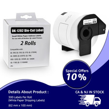 2Rolls 62mm X 100mm Continous Length Paper Tape DK-1202 fit for Brother QL-1050