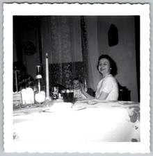 Vtg B&W Snapshot Happy Woman Baby Man Birthday Party Cake Table Candles 1950s