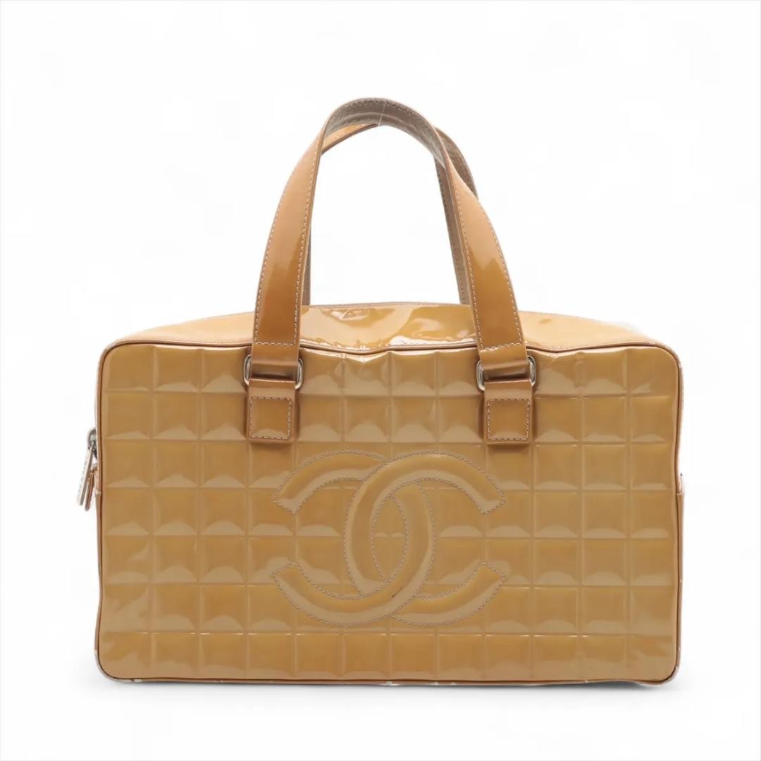 CHANEL Coco Mark Chocolate Bar Enamel Beige Handbag