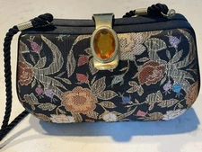 VICTOR COSTA Hard Evening Bag Floral Gold Brocade Jewel Clasp Cross-Body Bejewel