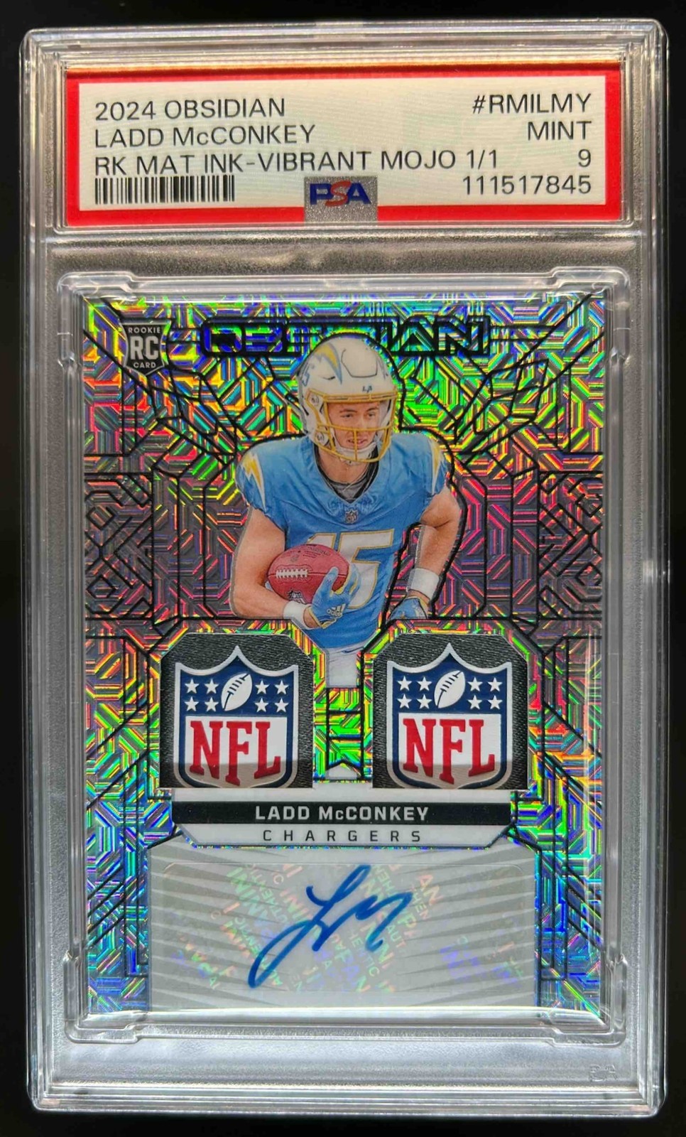 Ladd McConkey Panini Obsidian Rookie Materials Ink #RMILMY Vibrant Mojo 1/1