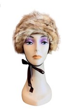Vintage Fox Fur Hat, Beige Tan Fluffy, Chin Ribbon Ties, Red Lining, Midcentury