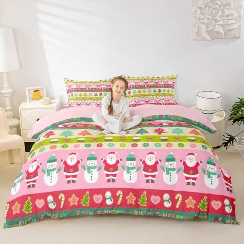  Juego de cama de Navidad de dibujos animados para niños niños niñas Papá Noel completo multi 01 Foto 4 de 4