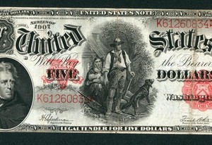 $5 1907 United States Note ** Legal Tender ** Woodchopper ** CURRENCY
