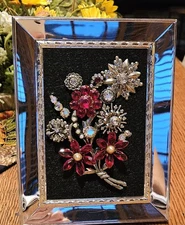 Vintage Jewelry Framed Art.  Collage Of A Floral Arrangment. 5 3/4" X 7 3/4"
