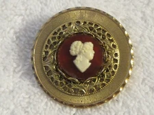 Round Retro Cameo in Fancy Gold Filigree Setting on Matte Medallion Brooch