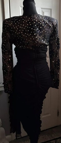 VTG 80s Tadashi Ruched Drape Black Chiffon Dynasty Dress Goddess Glam Disco Sz 4 - Picture 4 of 13