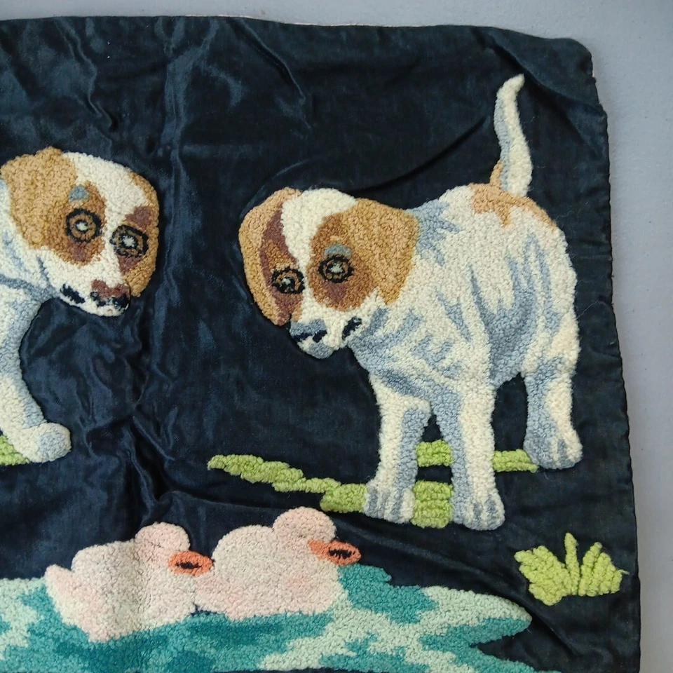 Antique Crewel Embroidery Needlepoint Pillow Cover on Satin Puppy Dogs Pond Duck - Image 3 of 4