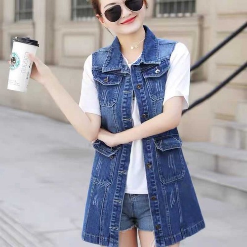 Women's Sleeveless Denim Waistcoat Long Coat Slim Ladies Jacket Vest S-5XL - Picture 12 of 16