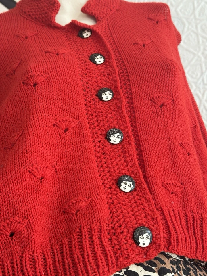 Vintage 1980s Cardigan Sweater Red-Flapper-Novelty-retro-1920s-Handknit-cropped - Image 3 of 4