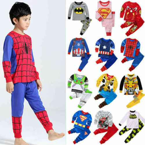 Kids Boys Girls Spiderman Iron Man Pyjamas PJs Set Cartoon Outfits Nightwear - Picture 1 of 26