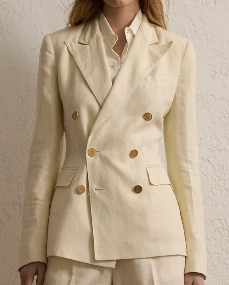 Women Linen Beige Double Breasted Suit Peak Lapel Jacket Breathable Light Casual - Image 3 of 4