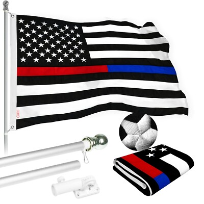 NEW G128 Thin Blue/Red Flag & Flagpole, 5FT Silver Pole and 2.5x4FT SPUN Flag
