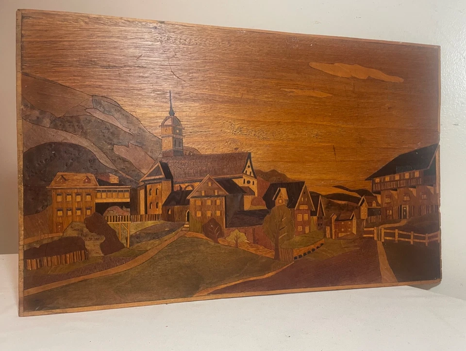 antique handmade carved marquetry wood church town landscape wall art veneer - Image 2 of 4