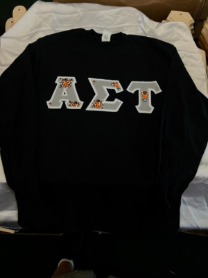 Alpha Sigma Tau Black Long Sleeve T w/ Bengal Tiger on White Sewn Letters Sz. M
