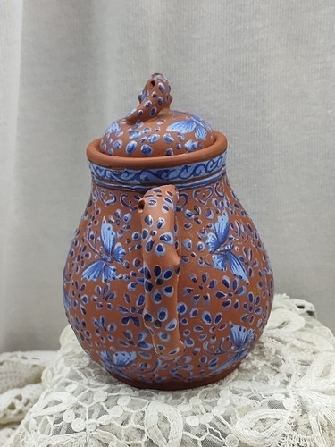 Vintage terra Cotta Clay Chinese Enamel Vixing Teapot marked & Butterflies - Picture 6 of 18
