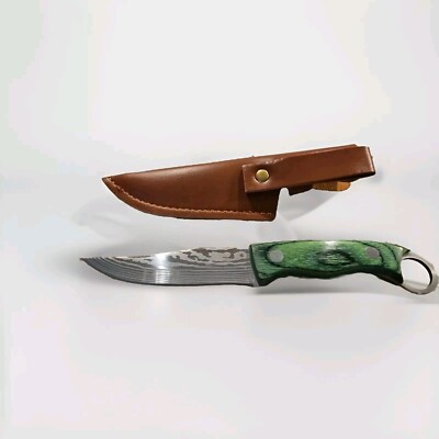 Fixed Blade Hunting Damascus Style Steel Green Handle with Leather Sheath 