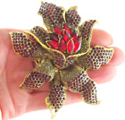 Huge 3 5/8" 3D Nwot Designer Style Red Crystal Rhinestone Flower Brooch Pin