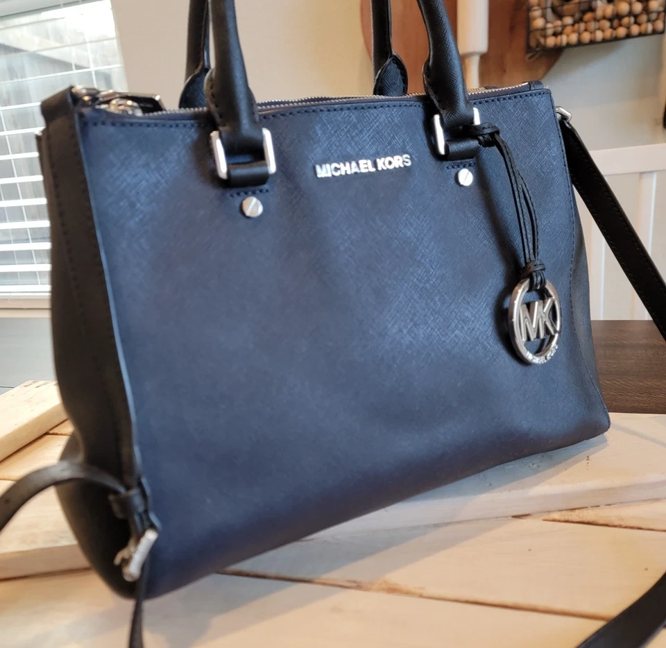 Michael Kors Kellen Saffiano Leather Satchel Handbag Shoulder Bag Black Navy - Image 2 of 4