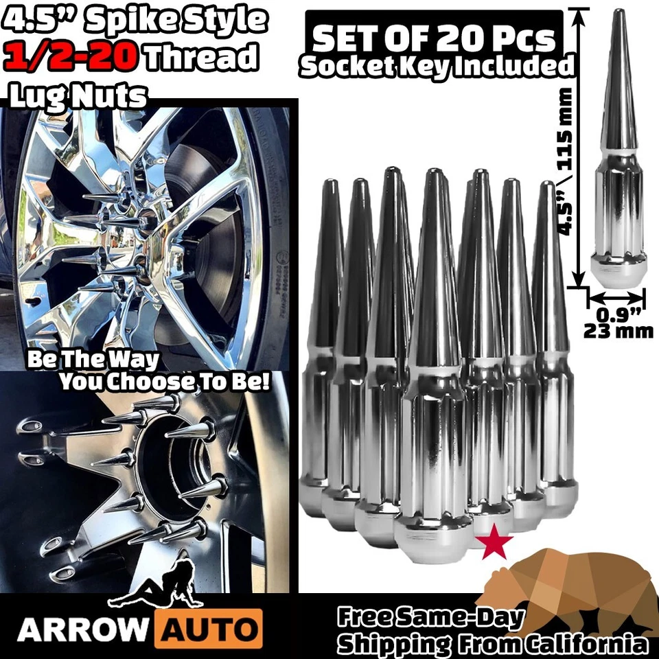 20x 4.5" Tall Chrome 1/2-20 Spline Extra Safety Spike Lug Nuts & Key Fit Ford - Image 2 of 4