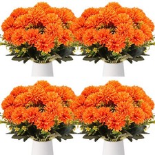 4 Pcs 24 Heads Artificial Chrysanthemums Flowers Ball Flowers Orange Faux Mum...