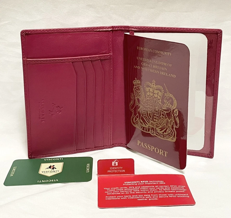Portatarjetas de identificación de pasaporte de cuero VISCONTI RFID 2201/R FUCSIA POLO NUEVO CON ETIQUETAS sin caja Foto 3 de 4