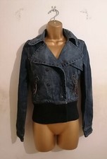 Mng Jeans Blue Indigo Ribbed Sexy Denim Jeans Bomber Biker Jacket Xs Size 6 8 10