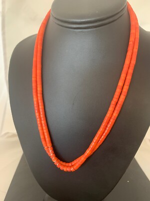 Apple Coral Tube Heishi Bead Strand Navajo Sterling Silver Necklace 4700 