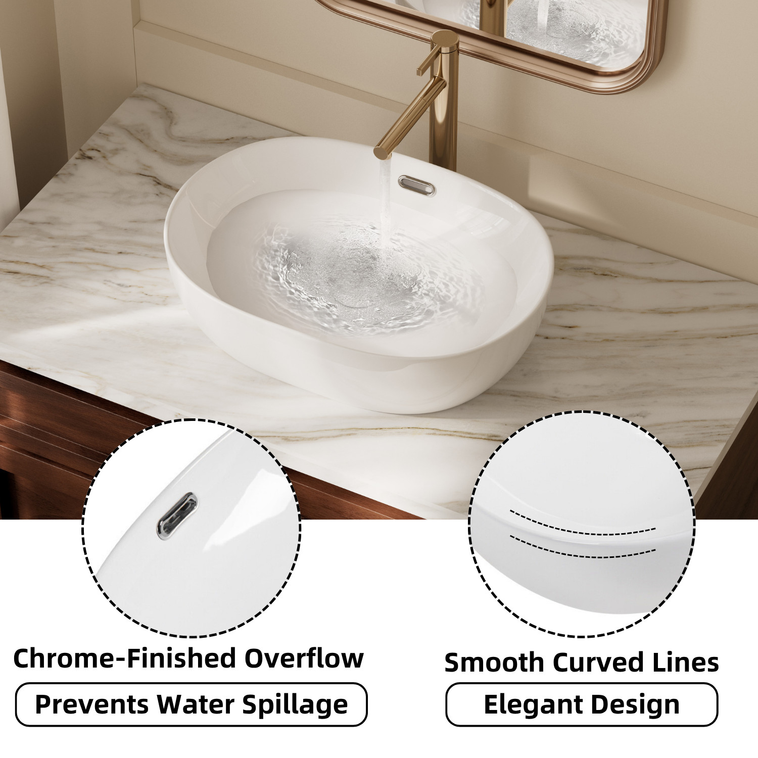 Los Flexi 19" x 14" Oval Vessel Sink with Overflow, White Ceramic Bathroom Sink