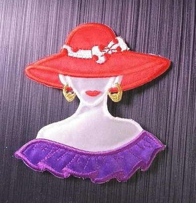 Fashion Lady,Purple Dress,Red Hat,Gold Earrings Embroidery Applique Patch
