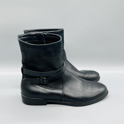 ECCO Boots Womens 7.5 Black Leather Ankle Buckle Strap Zip Flat Booties Shoes